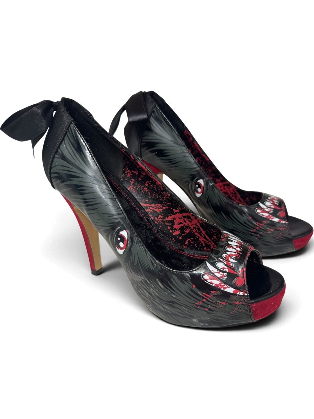 Iron Fist Wolfbeater Platform Heels Black Red Peep Toe Bow Size 8US (EU39) - Picture 3 of 7